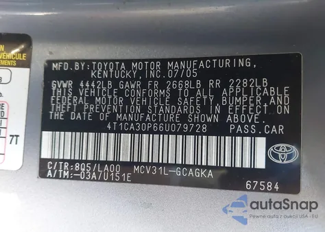 2006 Toyota Camry Solara Sle V6 z USA, uszkodzony, nr VIN 4T1CA30P66U079728